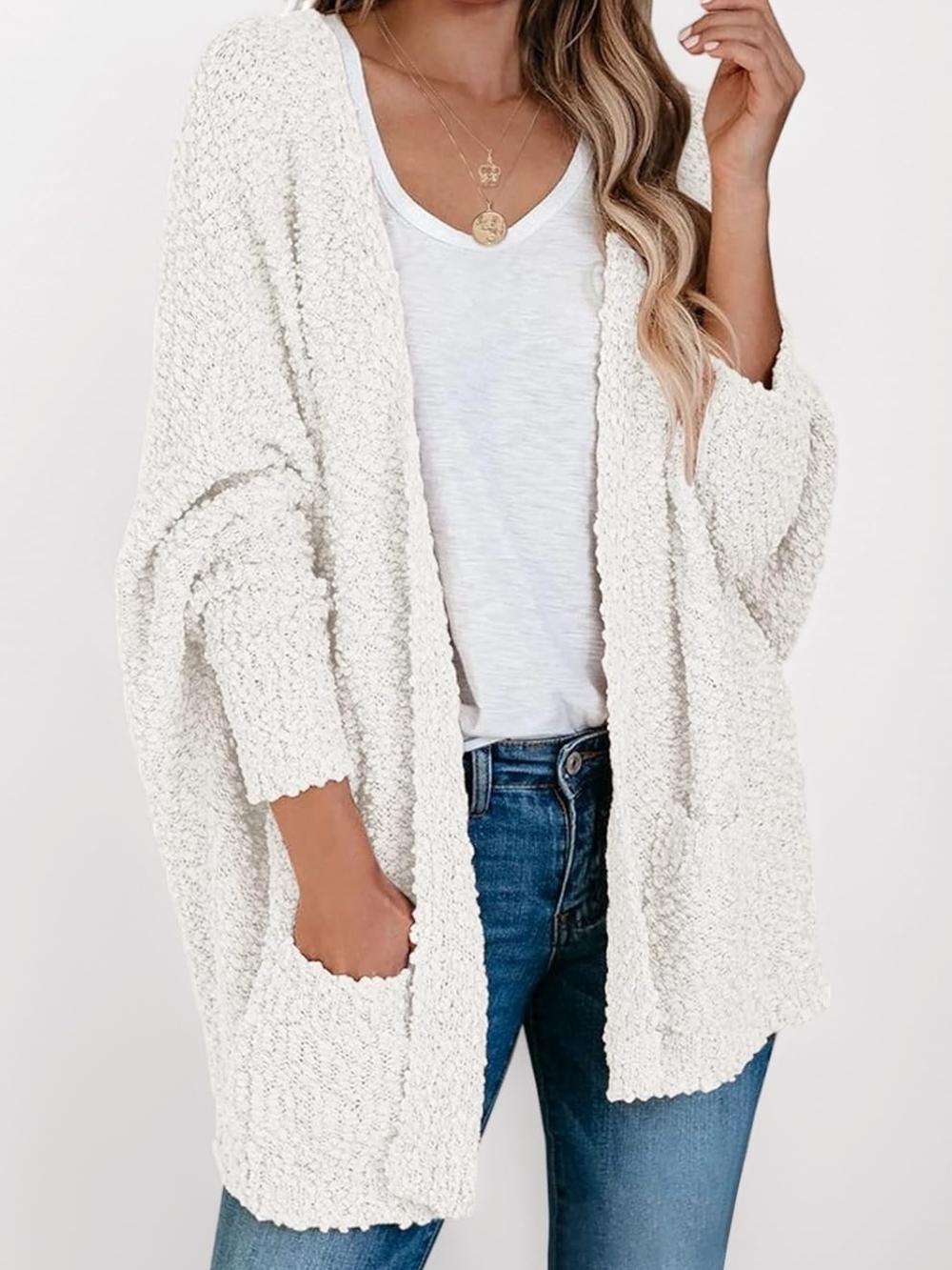Women's Oversized Popcorn Knit Open Cardigan XL Batwing Sleeves White Boho Chic
